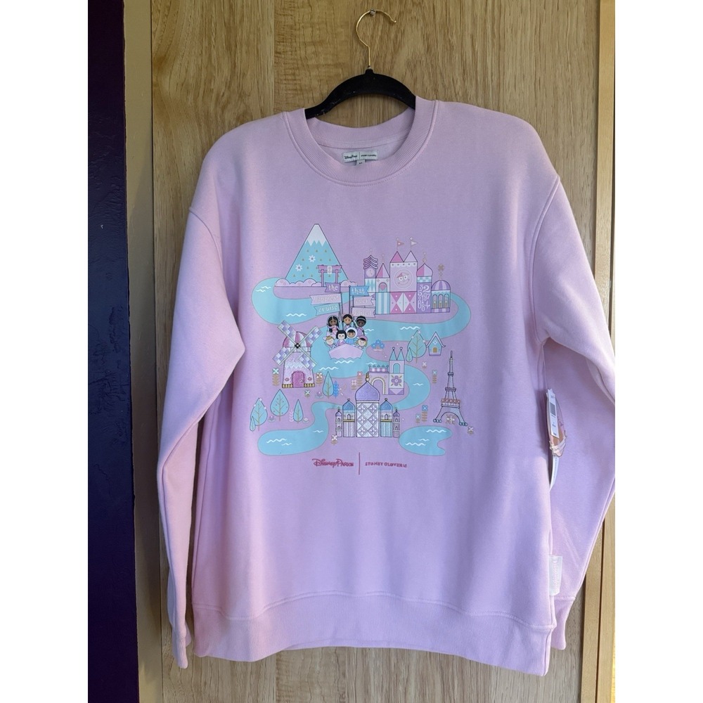 NEW DISNEY STONEY CLOVER ITS A SMALL WORLD WOMENS SWEATSHIRT Large PINK